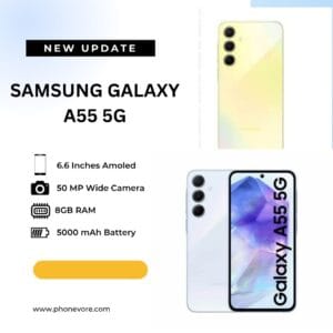 Samsung Galaxy A55 promotional image in white and blue design