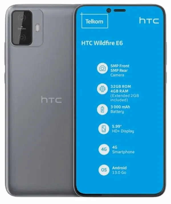 HTC Wildfire E6 smartphone front and back view, budget Android phone with 2GB RAM and 32GB storage